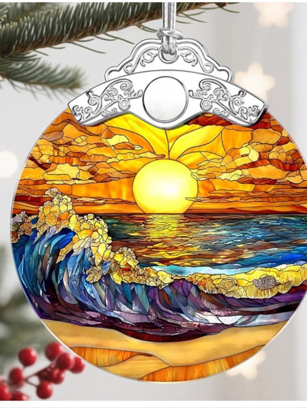 Sunset Ocean Stained-Glass Style Round Ornament - Orange Blue